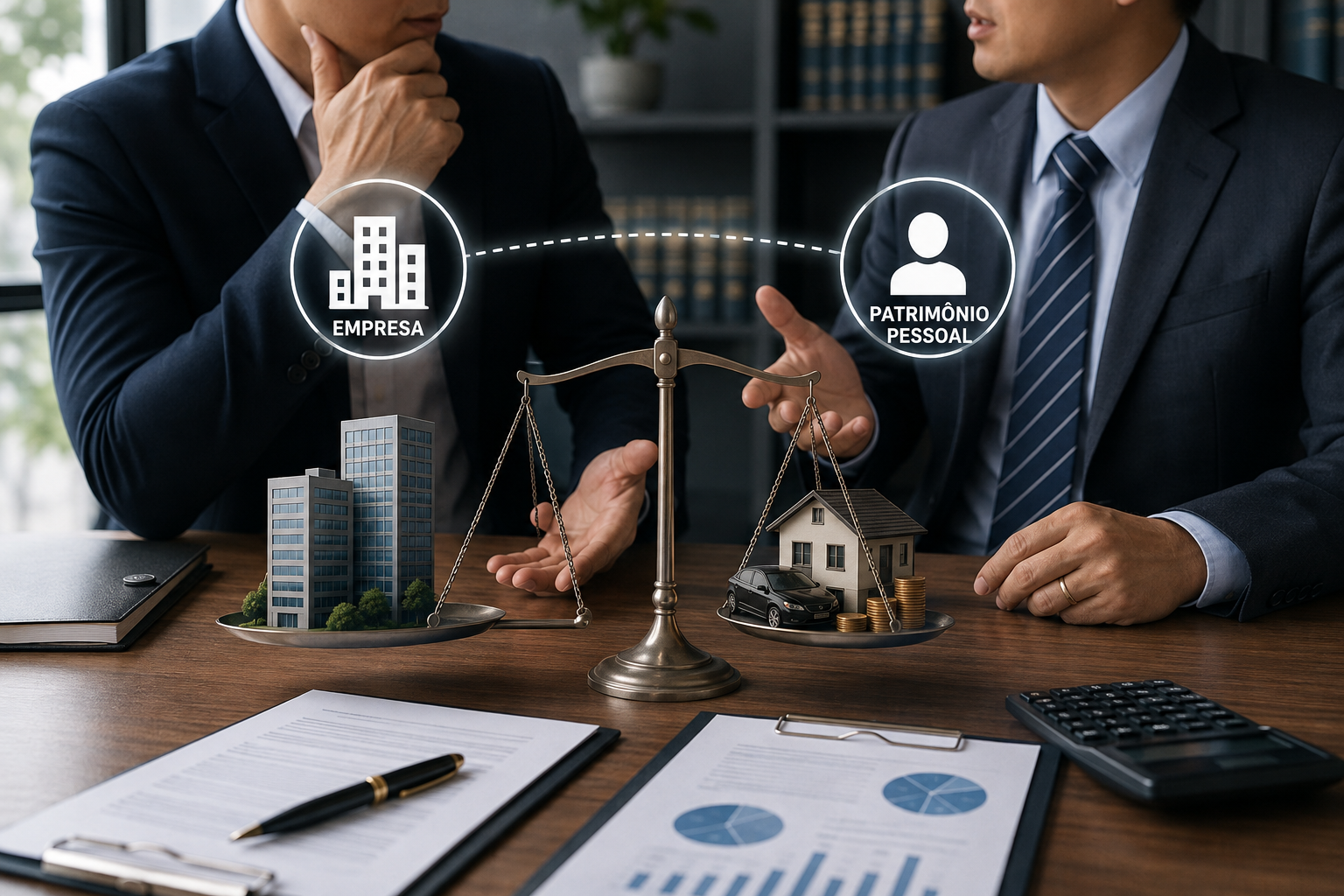 Imagem corporativa simbolizando a separação entre patrimônio empresarial e pessoal dos sócios.