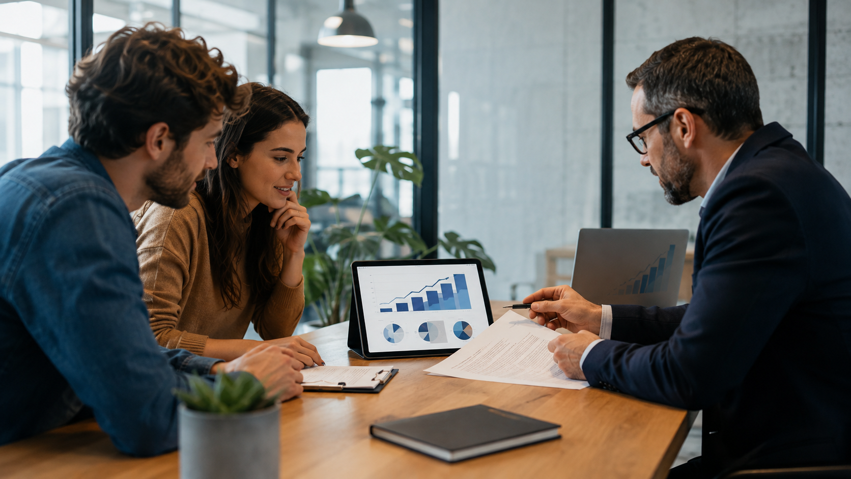 Sócios de startup analisando contrato de vesting e participação societária